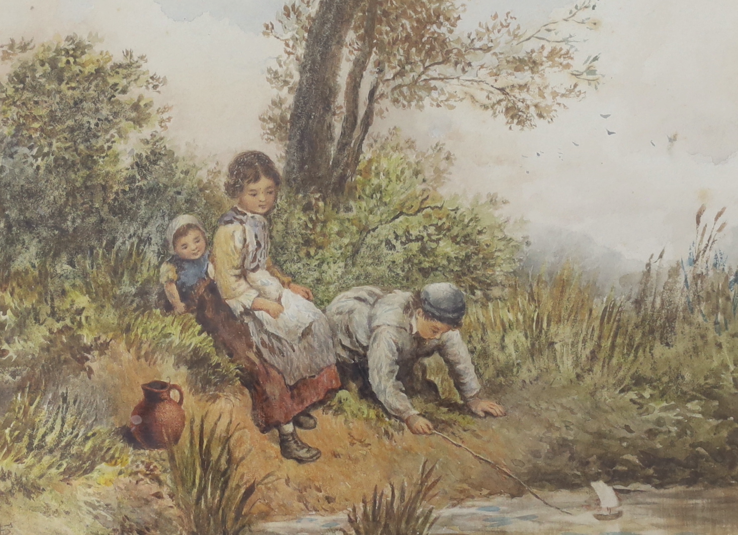 After Myles Birkett Foster (1825-1899), watercolour, Children on a river bank, bears monogram, 17 x 24cm